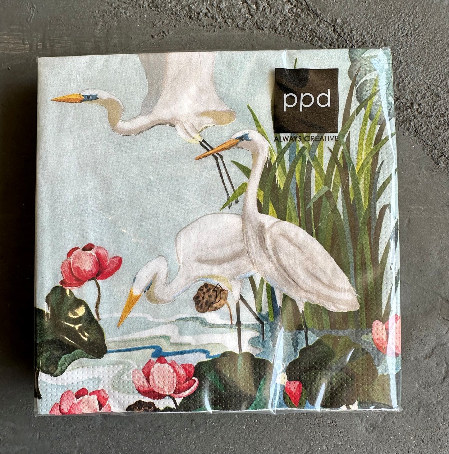Beverage Napkin Egrets & Water Lillies