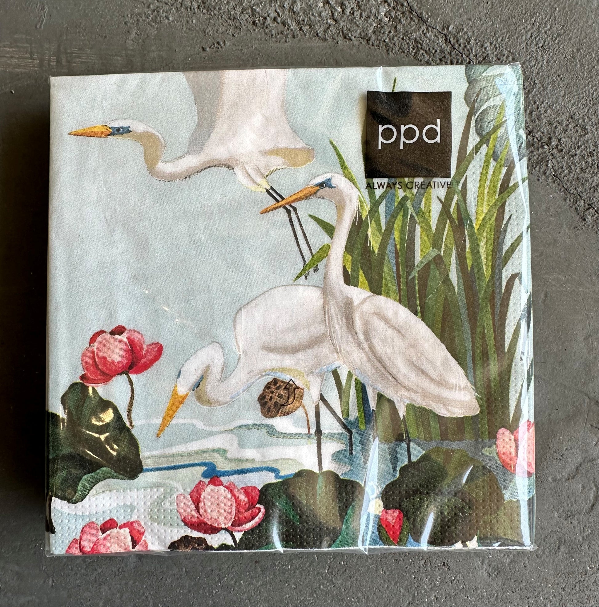 Beverage Napkin Egrets & Water Lillies