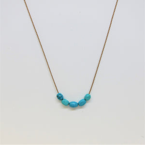 5 Turquoise Stones On Beige Silk Cord Necklace